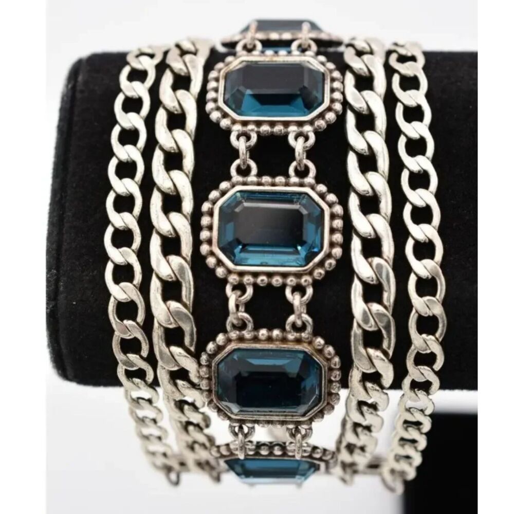 Brighton Le Ritz Crystal Bracelet Blue Bezel Multi-Chain Silver